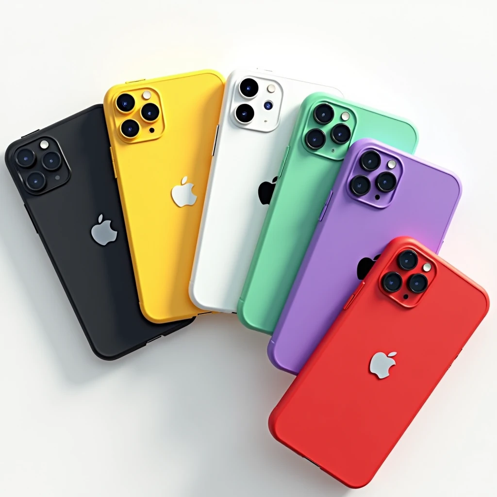 iphone 11 series with black, white, light yellow, green tosca, purple dan red color each other in the white background. Included logo and iphone writing.