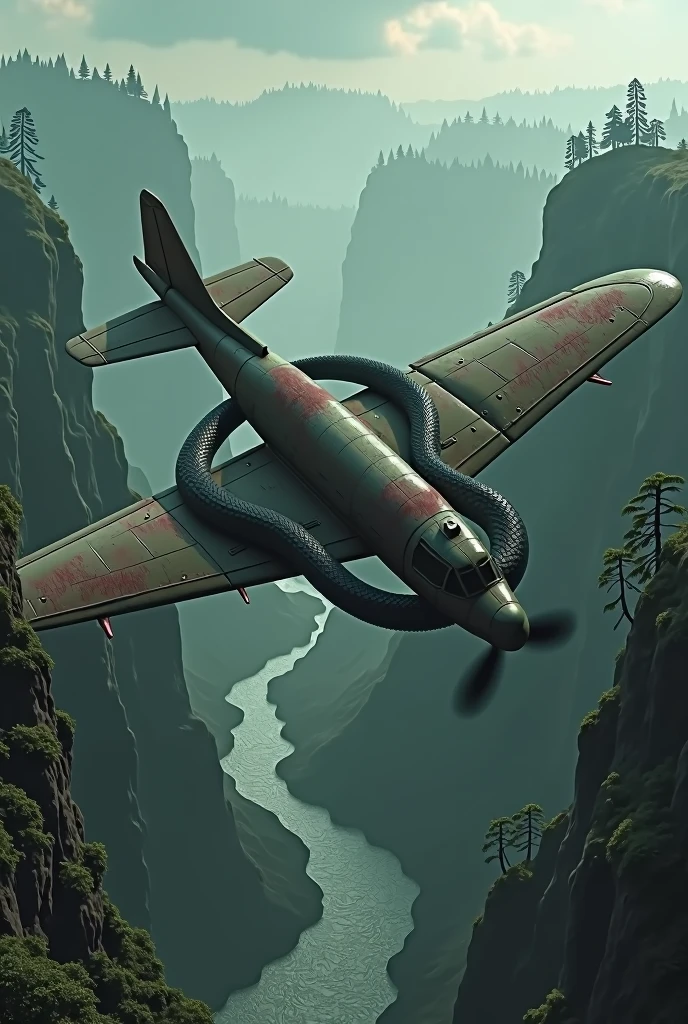 make me a picture of an old plane wrapped around a large snake, with a forest, cliffs and river as a background, with a scary and foggy atmosphere