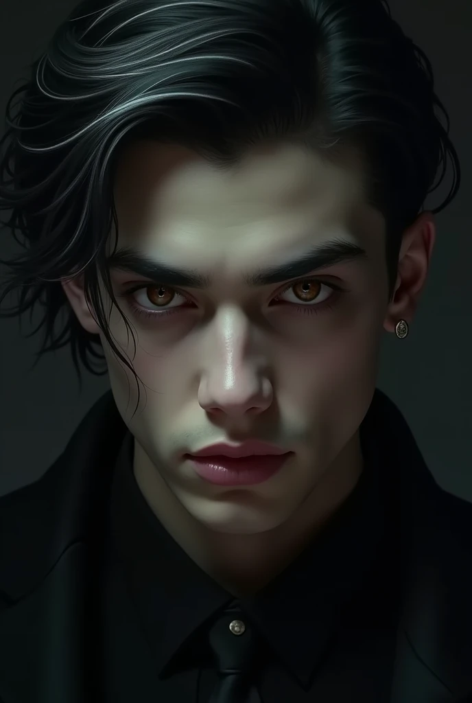 Man with deep dark brown eyes and mysterious look at age of 25. His lips are plump and has an evil smile. His skin is pale and soft with sharp jawline, no beard and black hair with some silver highlights. His skin is also perfect with no blemishes or bags under his eyes. His beauty is deadly. He looks like the king of shadows. His nose is thin and well shaped and has high cheeks