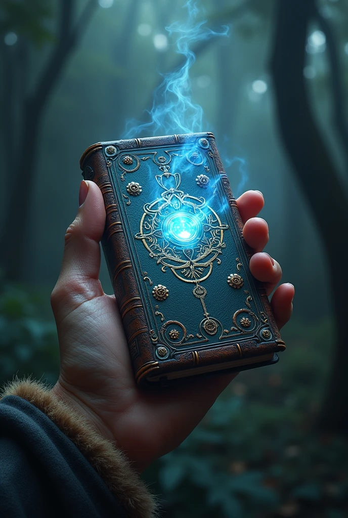 a phone giving an old grimoire style, magical, fantasy, luminous