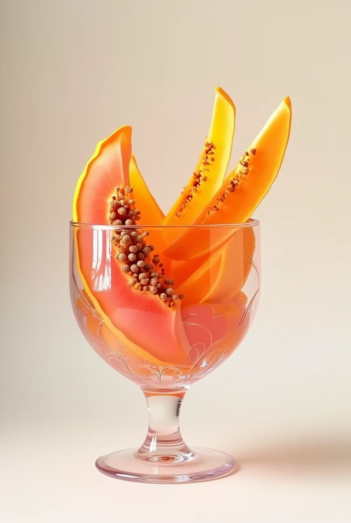 a glass cup with pieces of papaya inside, masterpiece, all in three dimensional paper art、(Almond Shapes);1.9、(Three-dimensional paper-cut art.、colorful):1.9