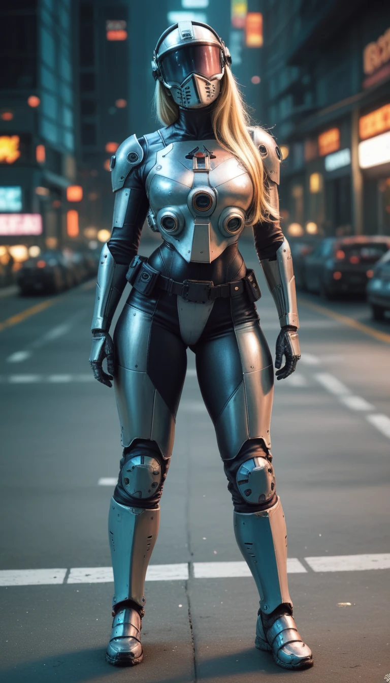 a realistic photo, hdr resolution, hyper detailed, uhd photo realistic, 1 woman, blonde, long hair to the shoulder, huge 95D chest, sensual curve, she wears black and platinum combat armor, bionic parts cover this armor, a bionic helmet with a deep black visor not revealing her face, she looks at the lens, full body photo, she is holding a heavy firearm in her hand, cyberpunk city background, the details of this scene are pushed to the maximum making this photo is a masterpiece