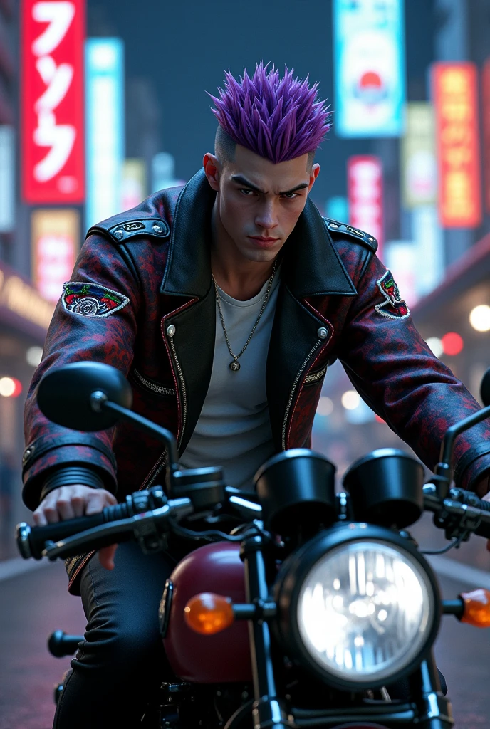 Mitsuya Takashi, on motorcycle. handsome man, dr short purple hair, shaved eyebrows. In Japanese gang costume. handsome. Tokyo revengers