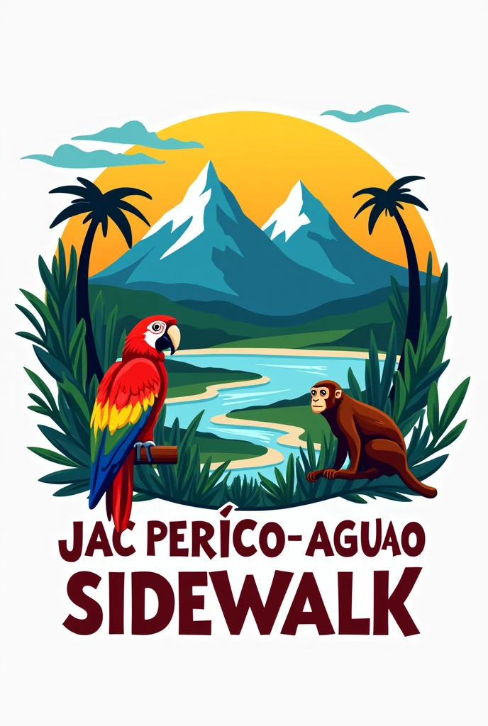 Create a logo in Spanish for a company with the following characteristics: Image with the two peaks of the Sierra Nevada of Santa Marta, laguna, river to the sea, Macaw, monkey and box that says: JAC PERICO AGUAO SIDEWALK