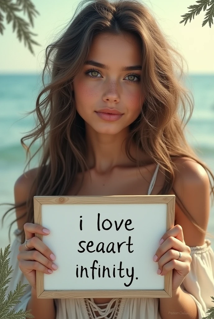 Beautiful girl with wavy long hair, bohemian dress, holding a white board with text "I Love Seaart Infinity" and showing it to the viewer