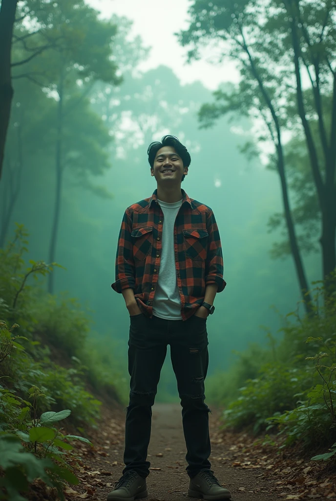 Photo taken from wide angle. 1 korean handsome men, flanel, torn black jeans, casual shoes, laughing and looking at viewers. The camera focuses on the face. Face detail. Skin detail. (mountain:0.8), (cross-processing), (highly detailed), sharp shadows, intricately detailed, photographed on a Hasselblad 500, 80mm F2.8 lens, with Cinestill 800T film, cinematic contrast, outdoors, 32k, sharp focus, detailed sky, Dynamic movement, floresta, emerald fog, mystic, dynamic lighting, filigrana altamente detalhada, complicado, vivid colours, wide angle lens, HDR, hard shadows, art photography, breathtaking, (lens flare:0.7), atmospheric perspective, masterpiece