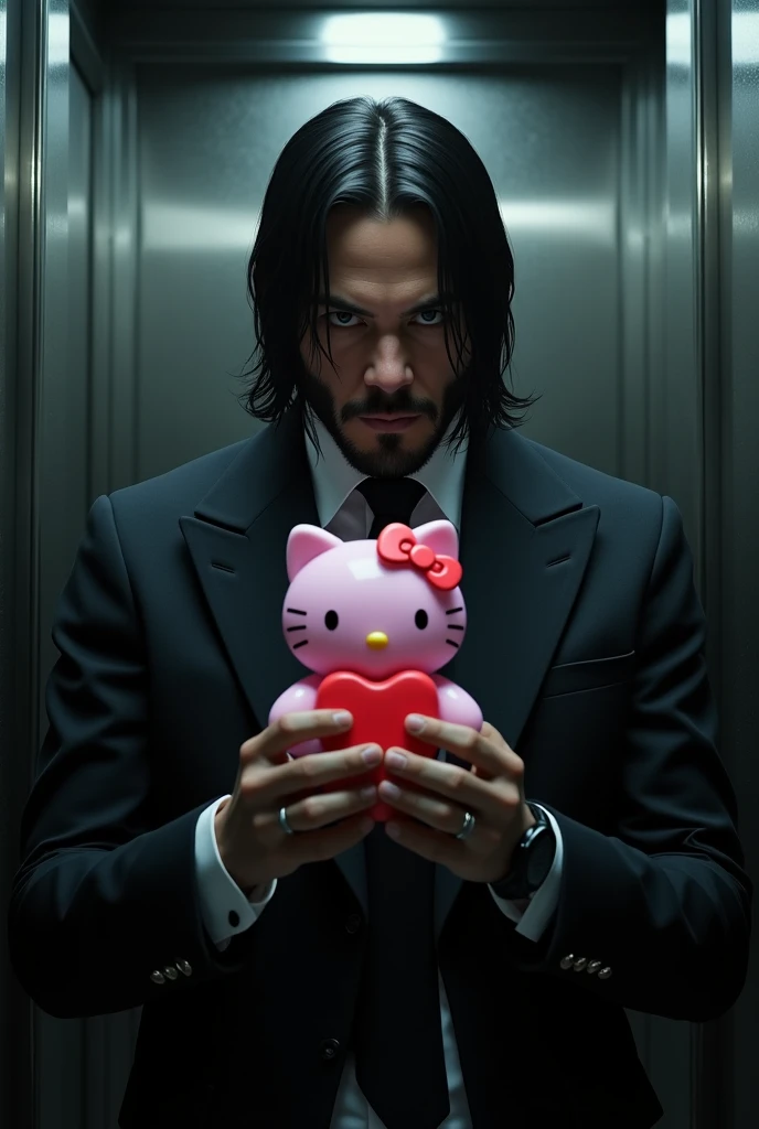 John wick with hello kitty (pink) on elevator john wick holding kitty and serious mode on the camera , john wearing full black coat