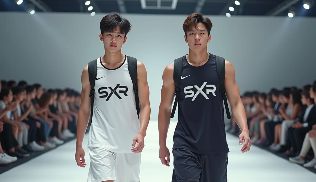 two sportwear fashion handsome 18 yrs. old, k pop Asian male model, runway show full body holding sports bag pack, tank top casual wear style, SXR logo design, ultra-detailed, film photography, light leaks, trending on sportwear, sharp focus, studio photo, futuristic detail please remember the following text:

"Two sportswear fashionable 1 K-pop Asian male model walking the runway, carrying a sports backpack, wearing a casual tank top featuring the SXR logo design. The photo is ultra-detailed, shot using film photography with light leaks. The style is currently trending in sportswear, with sharp focus and futuristic details, captured in a studio setting." ls, highly detailed