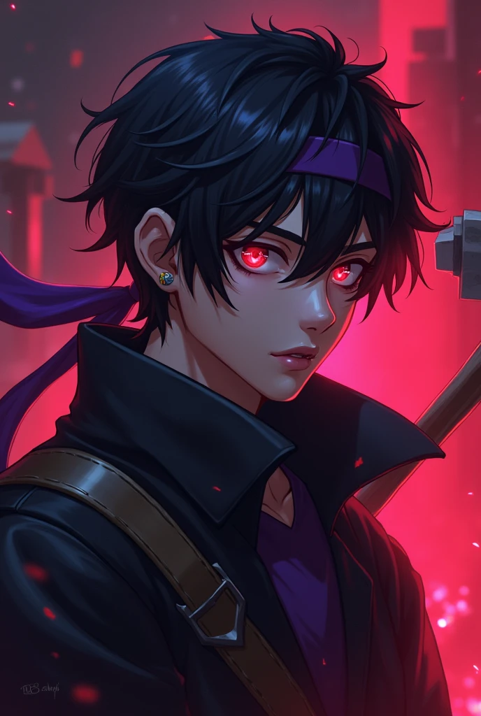 a young anime boy with purple headband, deadly aura, hyperrealistic, detailed face, beautiful eyes, striking expression, dark clothing, mysterious background, cinematic lighting, dramatic shadows, digital painting, concept art style, vibrant colors, moody atmosphere, fantasy theme. age must be like 25 and there must be a minecraft diamond axe in the back also make the background theme red . charecter must not be realistic where is the axe. axe must be visible. it must be aminecraft axe. the diamond minecraft must be visible. make the axe look its on his hand but a little.make it in a minecraft theme. also it should look like a youtube logo.