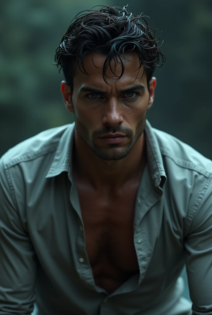 Man in wet button-down shirt, the first two open buds bending forward, half profile angle so that it shows part of your collarbones