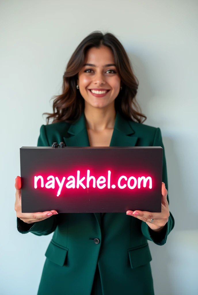 Beatiful indian girl in dark green suit, smiling face, holding a neon sign board, with a text " NAYAKHEL.COM " showing to viewer, in white background