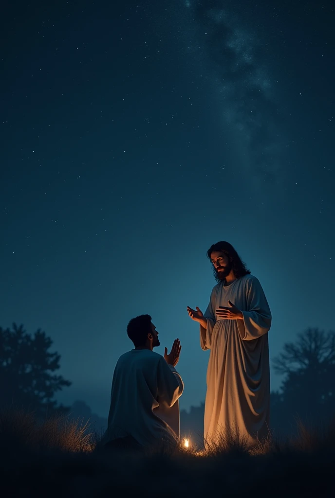 "A hyper-realistic, ultra-high 36k resolution night scene. A man is kneeling down, sitting with his head bowed in prayer, facing Jesus. His hands are clasped tightly as he prays. Jesus stands in front of him, illuminated softly by a gentle light, with a calm and compassionate expression. The dark night sky is filled with stars, casting a serene glow over the scene. The background features faint outlines of distant trees, adding to the peaceful and spiritual atmosphere."