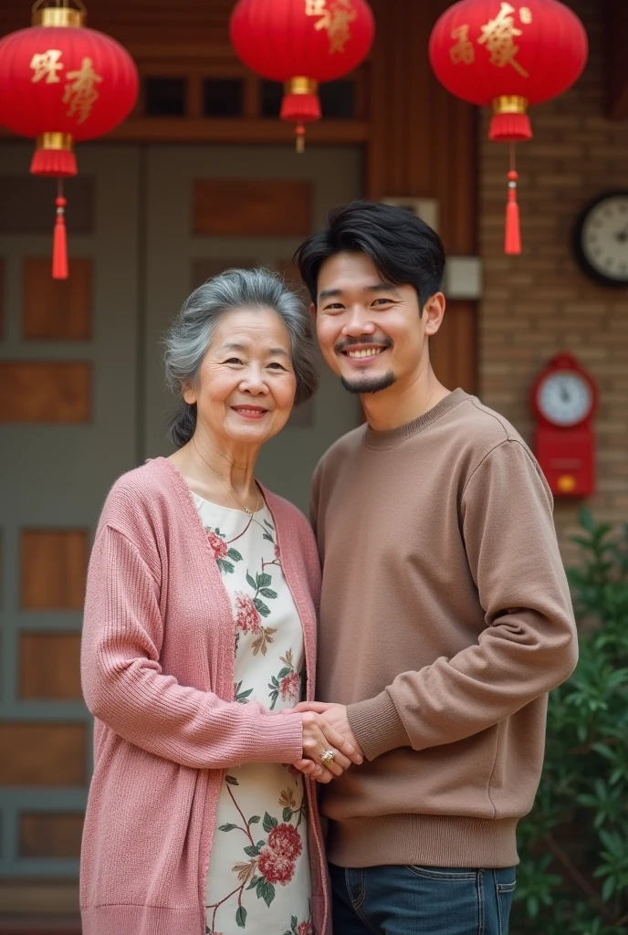 Chinese mother and son standing together，Suitable photos for son&#39;s marriage proposal，Mother 50 years old smiling、kindly，gentle，Son, 2，Handsome，Refreshing and steady，Game Background，Half-length photo，front Photo，Son is taller than mother，