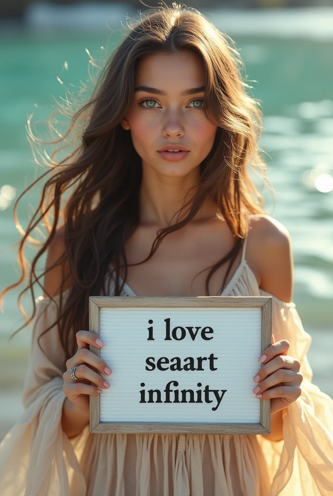 Beautiful girl with wavy long hair, bohemian dress, holding a white board with text "I Love Seaart Infinity" and showing it to the viewer