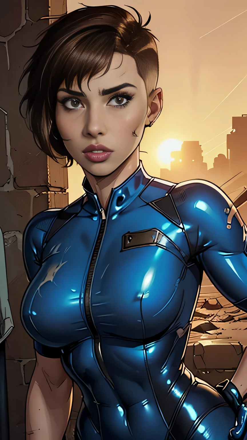 photo of mlp Meowko, RAW, beautiful woman, ((portrait)), ((detailed face:1.2)), ((anime face, anime facial feature, clear skin, glossy anime lips, clear skin), (short messy lesbian haircut, brunette: 1.55), (perfect proportioned body, Strong, muscular, narrow waist, narrow hips, skinny, large breasts), (she wears a Fallout Tight Latex Blue Suit, wearing a blue vault suit from Fallout 4 with lots of details and slits, High detail leather), seductive expression, a nuclear wasteland background with scattered ruins, (realistic photo, best quality, detailed), (8k wallpaper), (cinematic lighting, mood light, (evening:1.3)) (sharp focus, intricate)