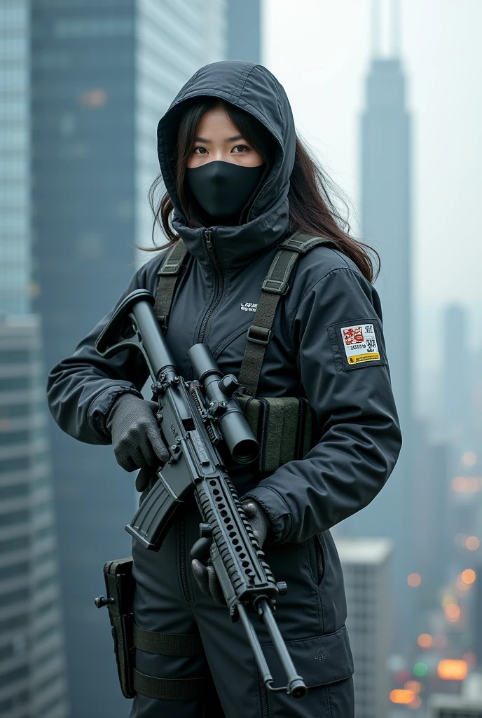 Masked Chinese female sniper standing on the roof of a high-rise building
