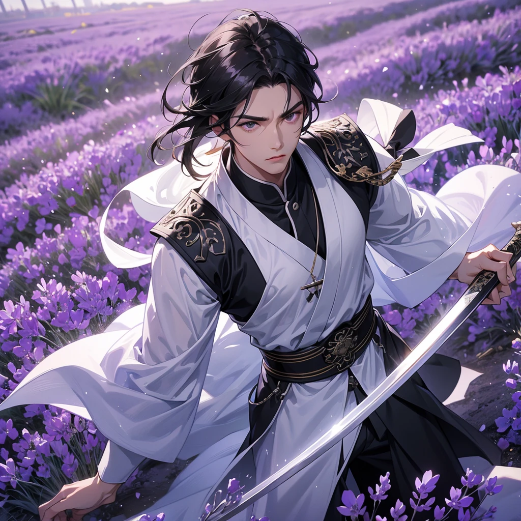 A Handsome black-hair male holding a large sword in black-white ancient general chinese, close up.
Stroll among the purple lavender fields , There are some floating clouds,