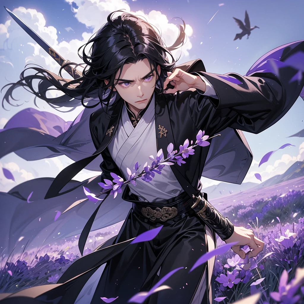 A Handsome black-hair male holding a large sword in black-white ancient general chinese, close up.

Stroll among the purple lavender fields , There are some floating clouds,

 
