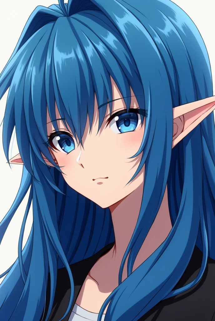 Solo, Blue Hair, Long Hair, Pointy Ears, Blue eyes, Simple background, Anime Style, 1 male, Closed Mouth, tall, masculine, Looking at viewer, 