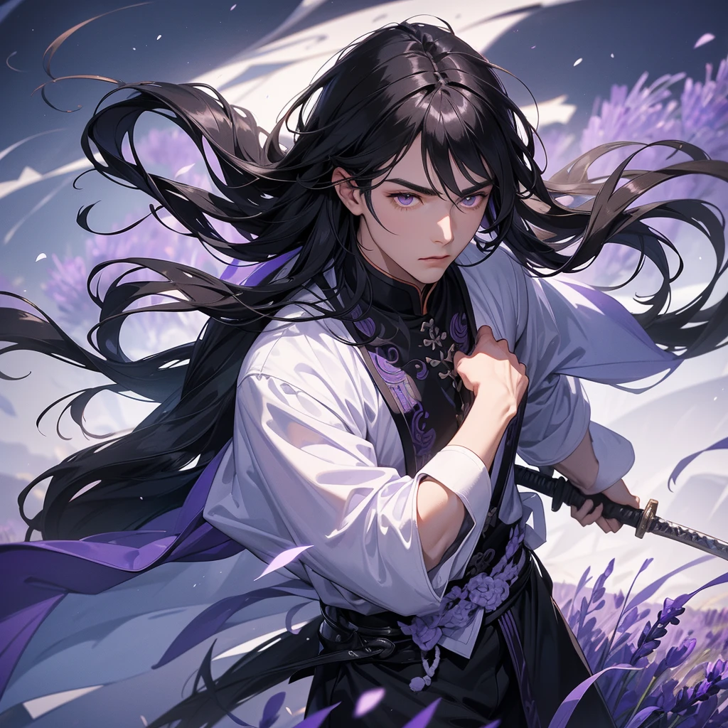 A Handsome black-hair male holding a large sword in black-white ancient general chinese, close up.

Stroll among the purple lavender fields , There are some floating clouds,

 
