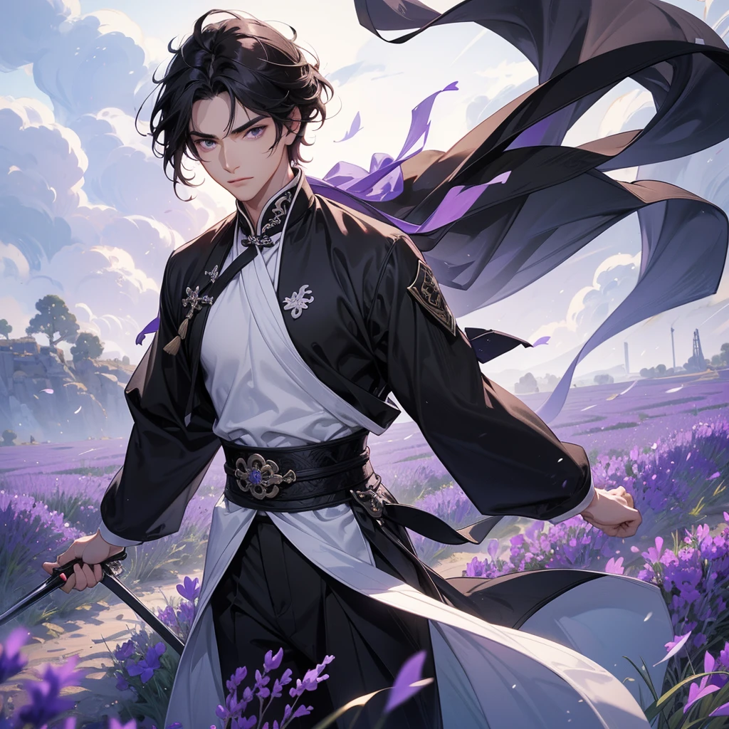 A Handsome black-hair male holding a large sword in black-white ancient general chinese, close up.
Stroll among the purple lavender fields , There are some floating clouds,