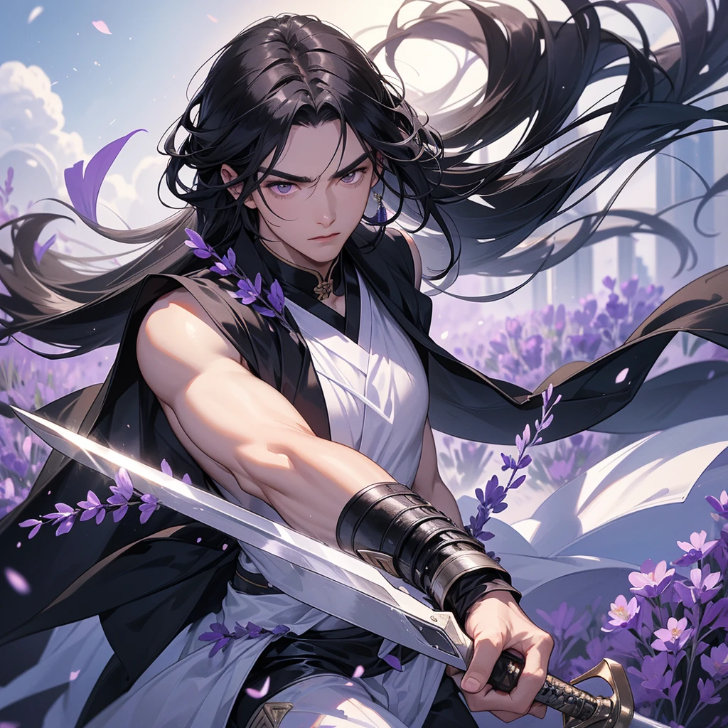 A Handsome black-hair male holding a large sword in black-white ancient general chinese, close up.
Stroll among the purple lavender fields , There are some floating clouds,