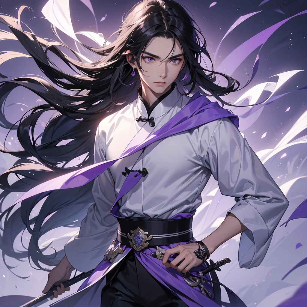 A Handsome black-hair male holding a large sword in black-white ancient general chinese, close up.
Stroll among the purple lavender fields , There are some floating clouds,