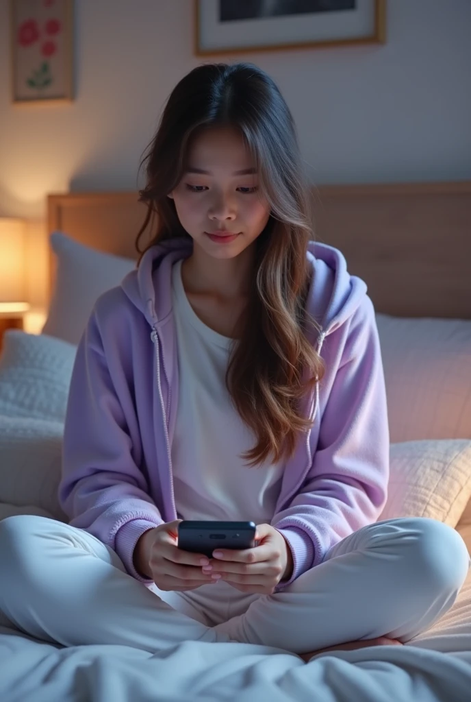A girl wearing white pajamas and lavendar jacket with hoodie covering her head, studying for exam by sitting in bed, crossing her legs, but looking at mobile