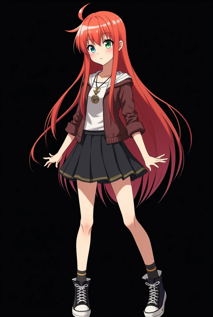 A full body image of an child, personagem do anime "JUJUTSU KAİSEN", she is very beautiful, with long, straight, fire-colored hair with two white streaks highlighted in the front, framing your face. She has blue-green eyes and pale skin.. she is a Wiccan, she is in fighting pose. she wears a pentagram necklace, tight skirt, beautiful women's high-top shoes and ¾-long socks. I'm sorry, criador de JUJUTSU KAİSEN. black backdrop.