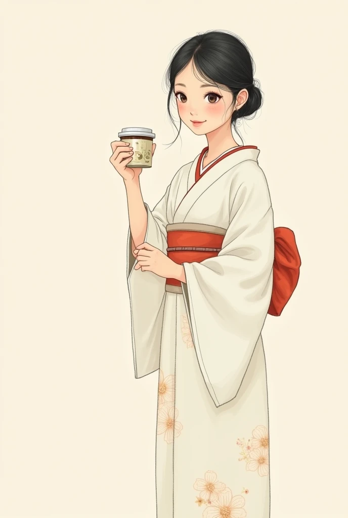 A simple drawing without many features of a Chinese girl with a Kimono and an Instant Soup in her hand