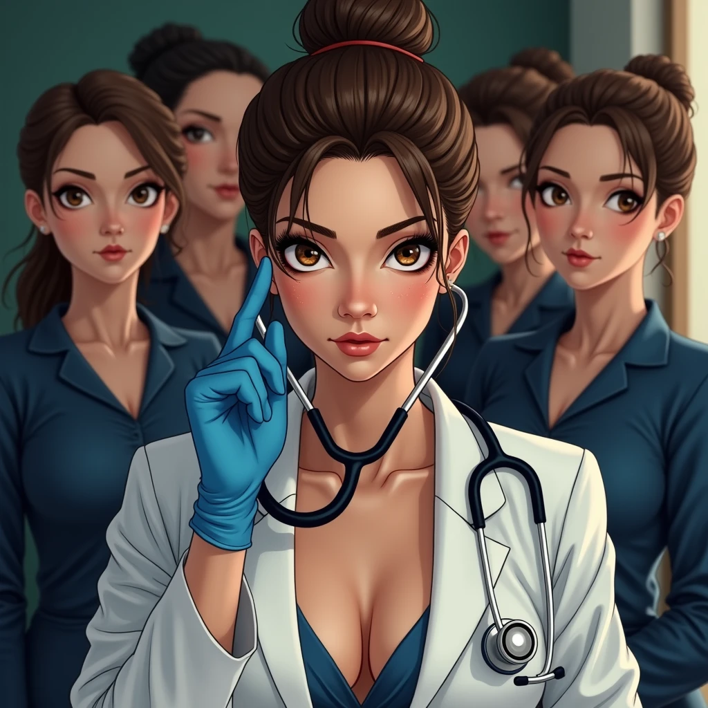 Five brunette women, Brown eyes, Hair tied up. She is a doctor in the French army.. Her outfit gives us a glimpse of her beautiful décolletage.. She put the stethoscope to her ears、Looking at the camera and wearing blue latex gloves.