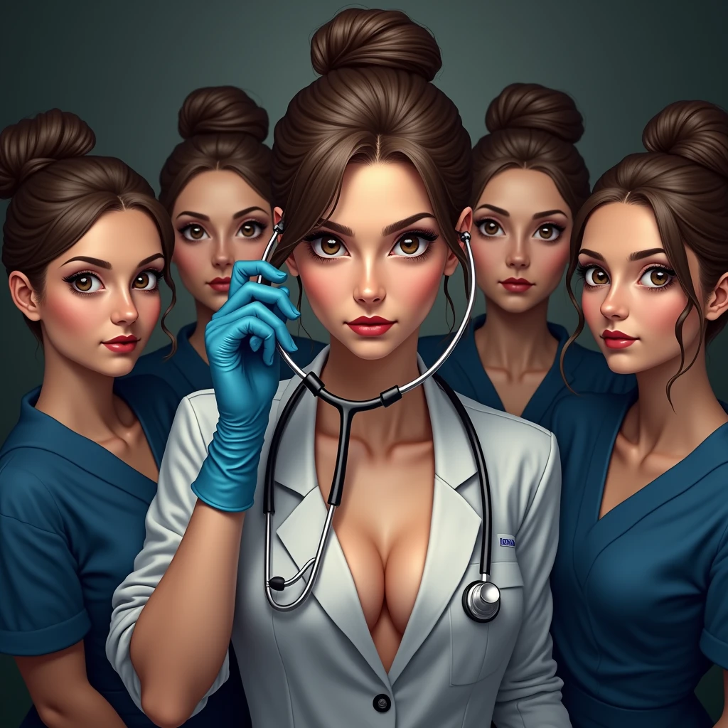 Five brunette women, Brown eyes, Hair tied up. She is a doctor in the French army.. Her outfit gives us a glimpse of her beautiful décolletage.. She put the stethoscope to her ears、Looking at the camera and wearing blue latex gloves.