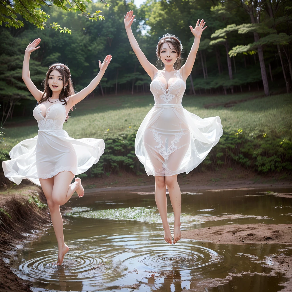 (((barefoot slender Japanese girl on mud pond))), natural front lighting, ultra sharp focus,bright brown hair, large eyes with long eyelashes and double eyelids, smile, (((jumping and waving arms))), (((huge breasts))), (full body shot:2), (beautiful face:2),(((wearing a see through short wedding dress)))