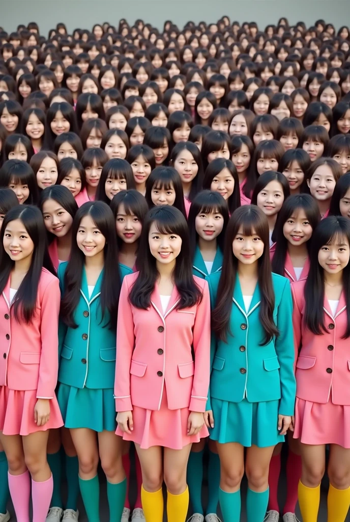 2,000 long-haired Asian girls in colorful school uniforms and long socks stand close together for a group photo