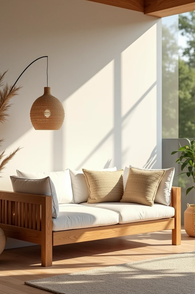 A wooden sofa with white shade jute