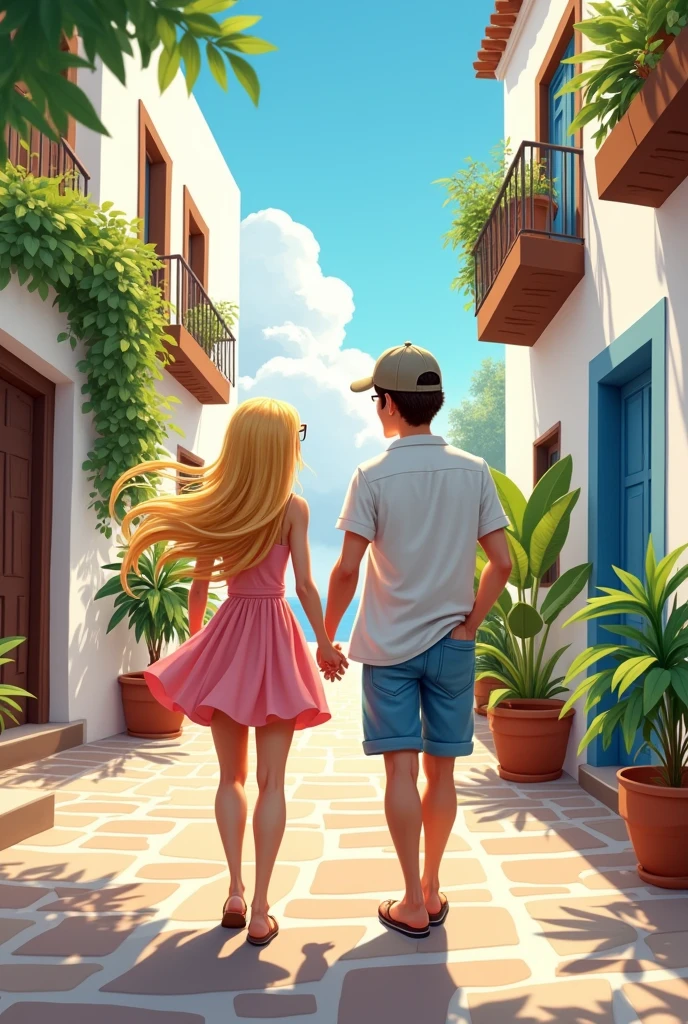 A blonde 2 woman with long hair and a 2 man with a béisbol hat and super short hair on a romantic getaway in the streets of Greece., cartoon style