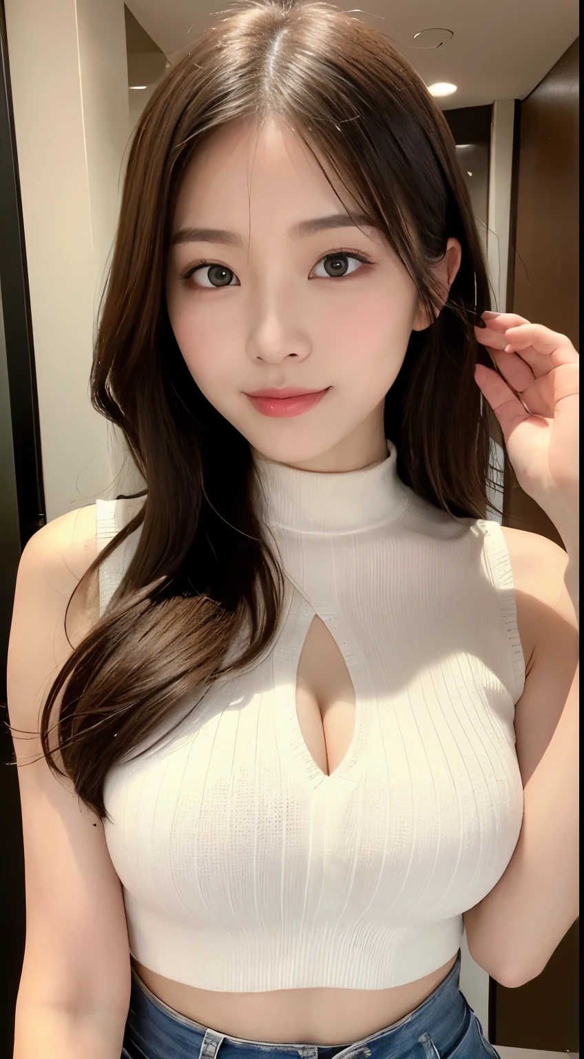 masutepiece, Best Quality, Photorealsitic, finely detail, hight resolution, 8K Wallpapers, Perfect dynamic composition, Beautiful detailed eyes, Medium Hair, large full breasts, Random and sexy poses,Bring your chest together、(Mock Neck Crop Tank Top White Knitwear、Cleavage looks realistic)、(Breast bulge 1.2)、A smile、open open mouth、Resort scenery、23years old、(Drooping eyes 1.4)、Adult beauty、japanes