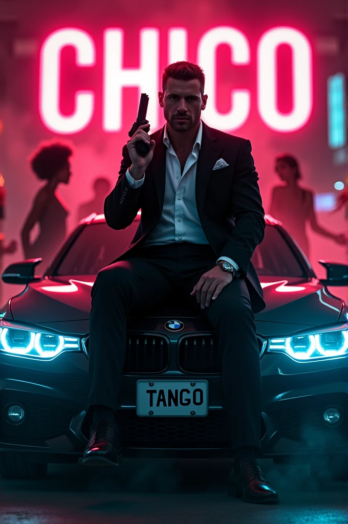 
Create a realistic image where a man wearing black luxury suit and sitting on BMW car with number plate of tango, he's holding a gun in his hand, there is smoke in background and girls are dancing. In background the name "Chico" is showing in bold and neon effects just above the head of the character as per his name. He's smoking with his another hand and having gun in one hand 