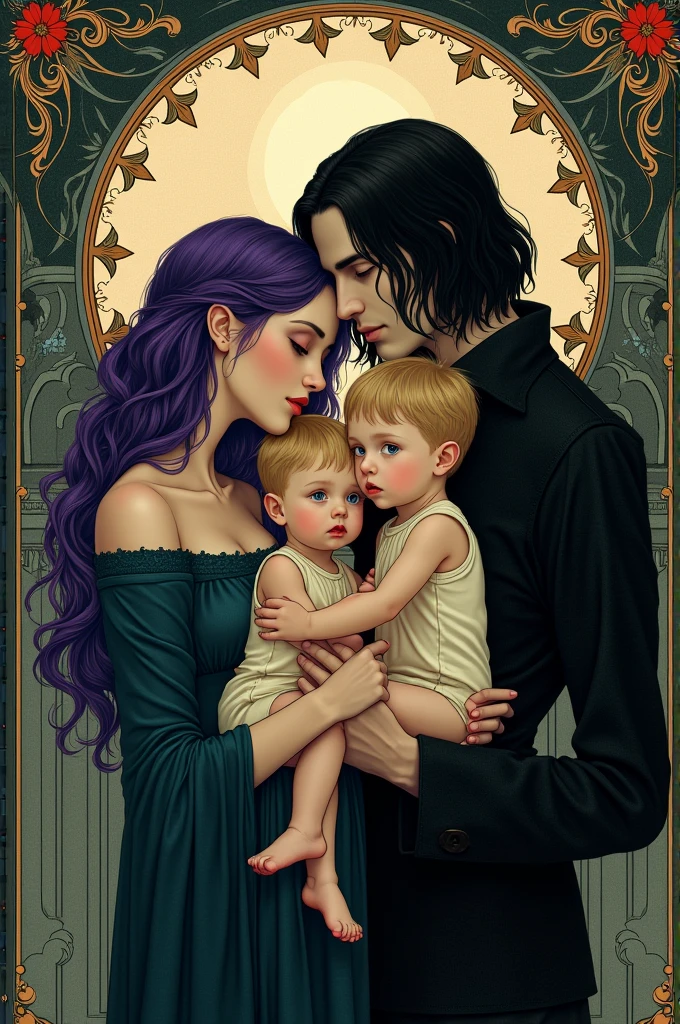 art nouveau; Gothic couple, Woman with purple hair, Man with long black hair, holding their two blond baby boys