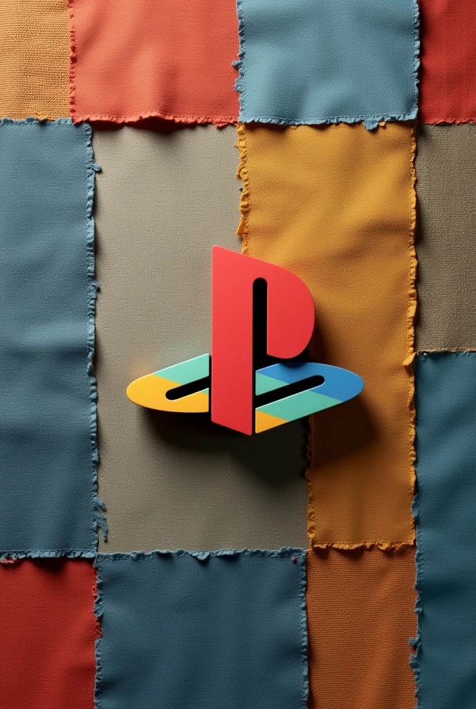 Minimalist PS letter with relief on a patchwork fabric background