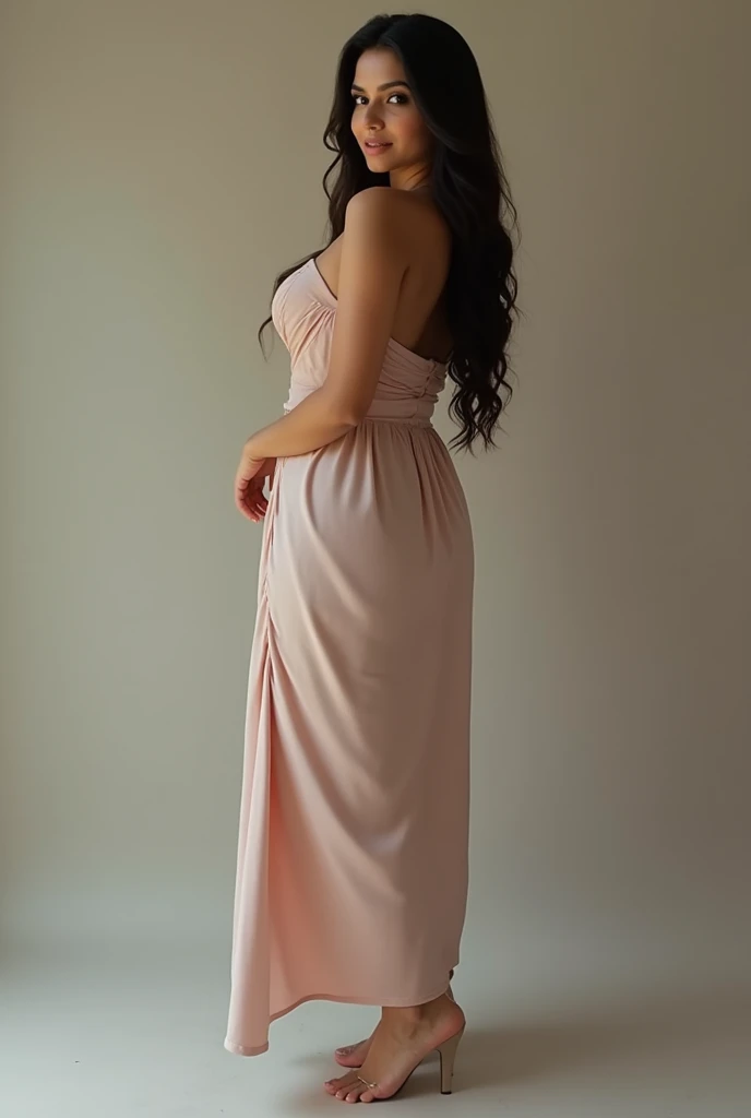 32-28-34 figure,beckoning body shape, 26 yesr old indian woman full body image in midi dress with fair complexion