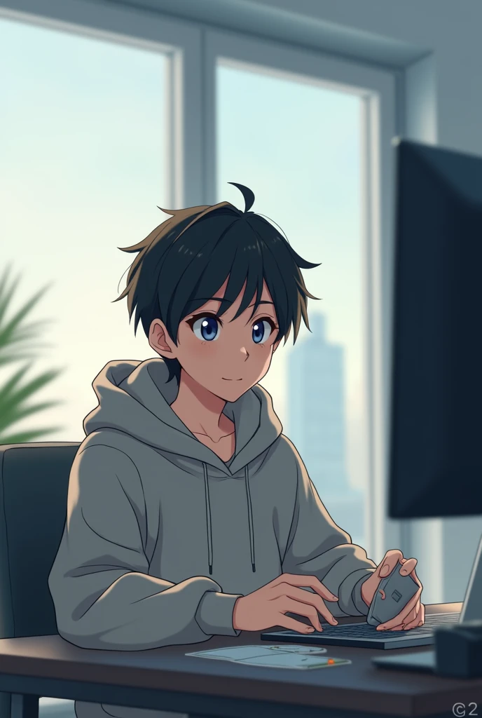 Anime boy in a hoodie sitting at a table With Laptop in left side and smartphone in right side and back right side one monitor 