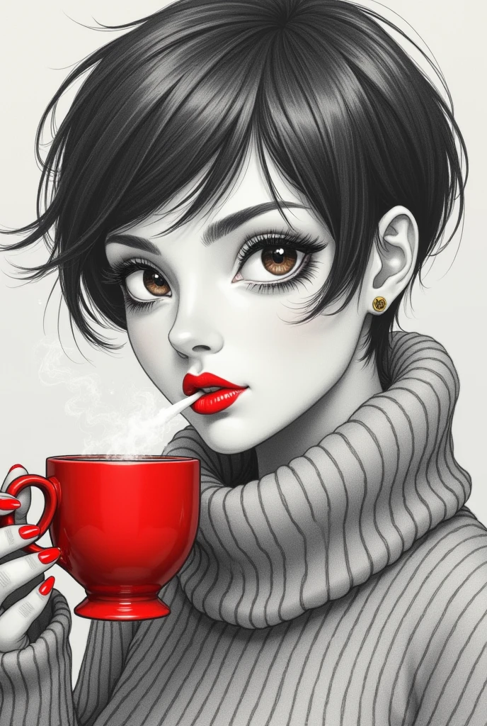 a pencil sketch of a woman, short pixie dark hair with bangs, & white highlights, she's winking, other eye brown, long lush lashes, she's got a coffee mug in one hand with steam rising from it, she's blowing on her hot coffee with ultra-bright red lips, wearing a big turtle-necked sweater, ultra-bright red fingernails, grey muted bg