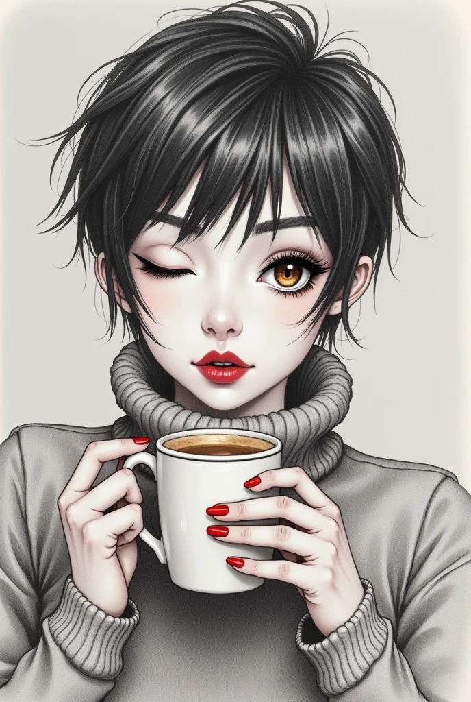 a pencil sketch of a woman, short pixie dark hair with bangs, & white highlights, she's winking, other eye brown, long lush lashes, she's got a coffee mug in one hand with steam rising from it, she's blowing on her hot coffee with ultra-bright red lips, wearing a big turtle-necked sweater, ultra-bright red fingernails, grey muted bg