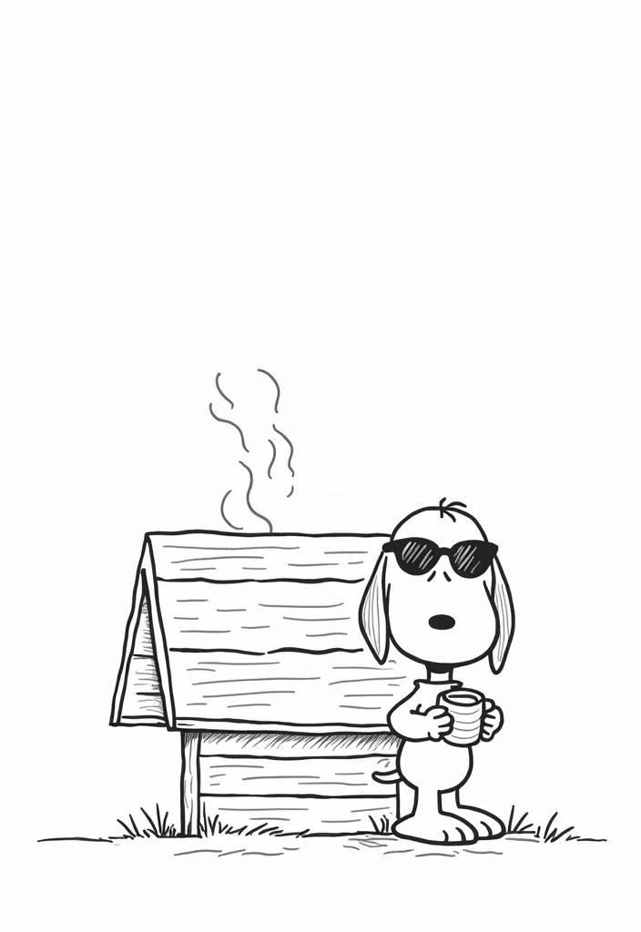A drawing of Snoopy, the famous dog from the comic strip 'Peanuts'. He wears sunglasses and a shirt. He is standing and leaning against his doghouse in the background.. Snoopy is holding a coffee mug that says 'COFFEE', with steam rising from it. The drawing style is composed of firm and bold lines., Handmade, no shading. The overall look is clean and minimalistic, with precise and confident features, emphasizing the character and the scene.