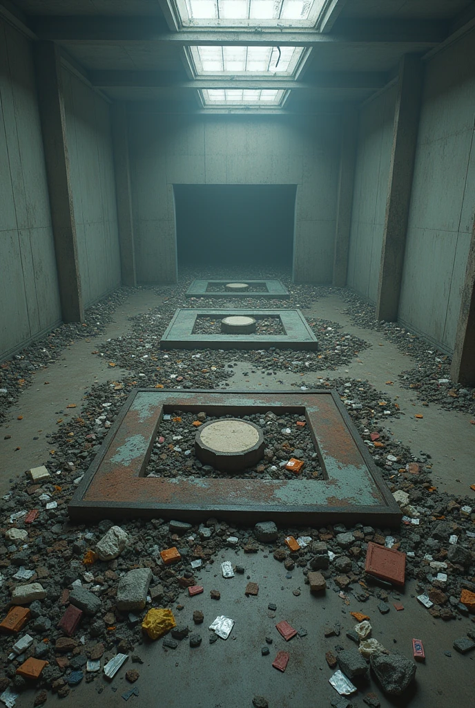 Makes a cold room with squares of garbage with giant squares inside