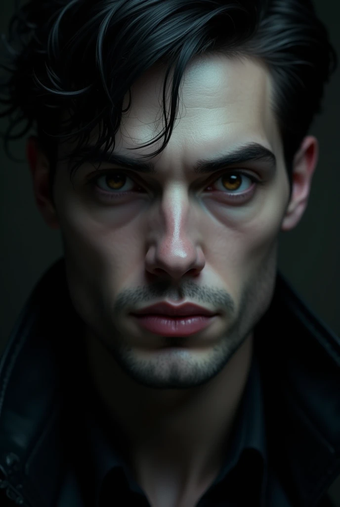 Man with deep dark brown eyes and mysterious look at age of 25. His lips are plump and has an evil smile. His skin is pale and soft with sharp jawline, no beard and black hair with some silver highlights. His skin is also perfect with no blemishes or bags under his eyes. His beauty is deadly. He looks like the king of shadows. His nose is thin and well shaped.
