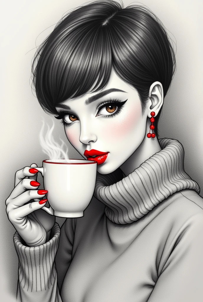 a pencil sketch of a woman, short pixie dark hair with bangs, & white highlights, she's winking, other eye brown, long lush lashes, she's got a coffee mug in one hand with steam rising from it, she's blowing on her hot coffee with ultra-bright red lips, wearing a big turtle-necked sweater, ultra-bright red fingernails, grey muted bg