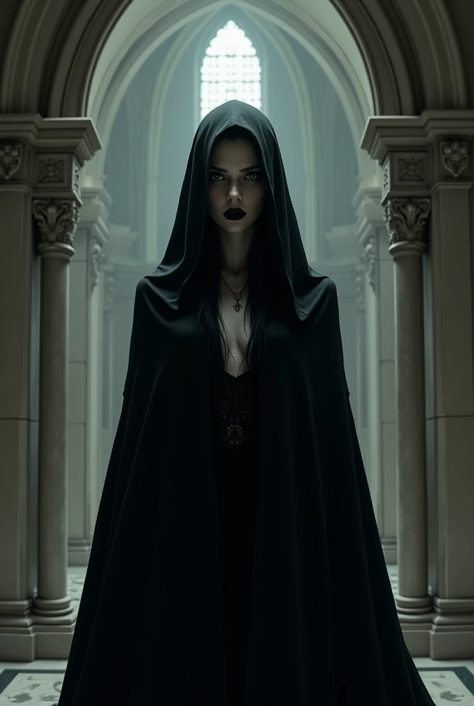 cloaked Female vampire, short, Pale skin, Black lipstick, partially visible Facial Features, Inside a gothic Palace
