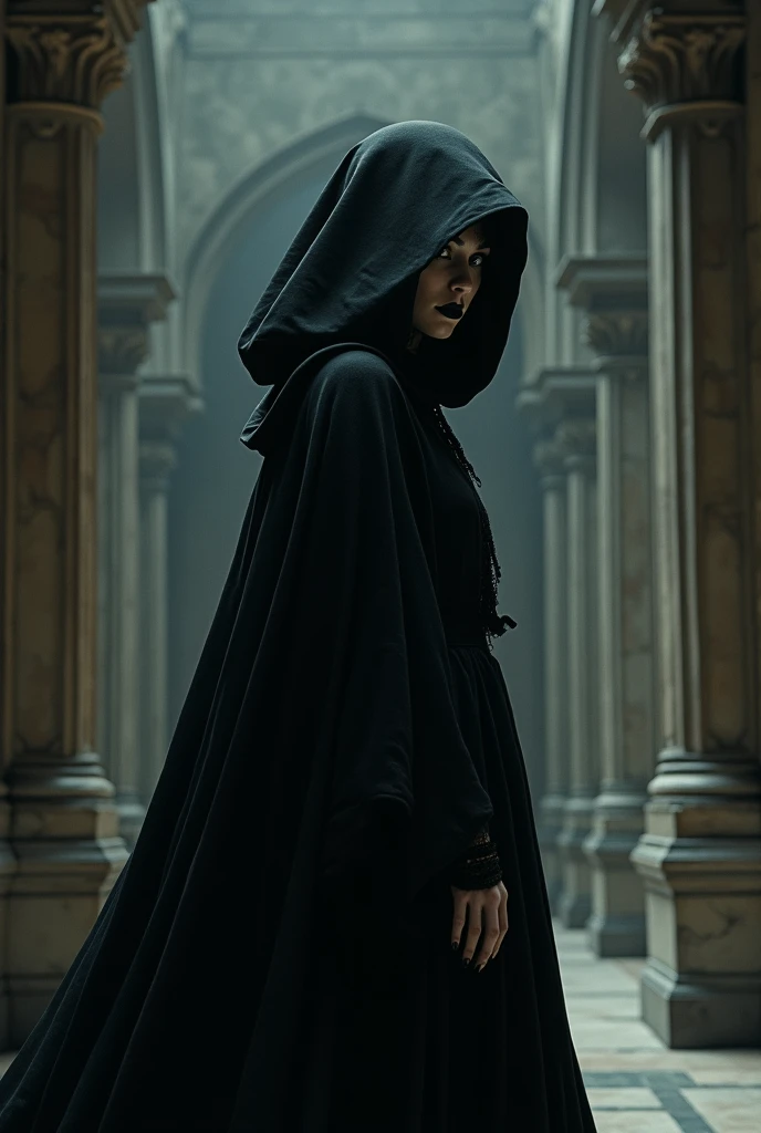 cloaked Female vampire, short, Pale skin, Black lipstick, partially visible Facial Features, Inside a gothic Palace